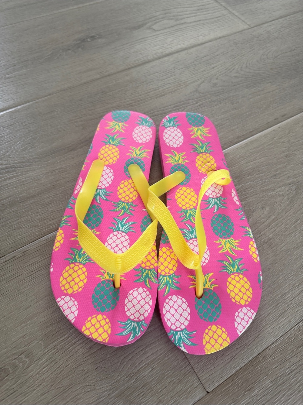 Pink Pineapple Print Flip Flops with Yellow Straps